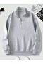 Basic Plain Zippered Sweatshirt - Gray Oversize Stand Collar