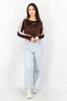 Women Round Neck Long Sleeve Brand Logo Tops, Dark Brown - 4