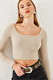 Women's Beige Square Neck Long Sleeve Basic Crop Blouse 2405 60351046 - 3