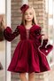 Girl's Burgundy Velvet Evening Dress with Collar and Pearl Embroidered Shoulders and Balloon Sleeves - 4