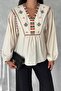 Women's Beige V-Neck Embroidered Blouse