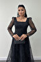 Tulle Glittery Fabric Square Neck Midi Evening Dress - BLACK - 3