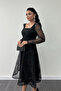 Tulle Glittery Fabric Square Neck Midi Evening Dress - BLACK - 4