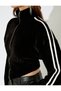 Velvet Zippered Striped Detail Mock Neck Asymmetrical Crop Sweatshirt - 5