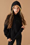 Black chest graphic kangaroo pocket hooded girls' sweatshirt 19336 - 2