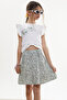 Khaki Floral Patterned Skirted Printed T-Shirt Girl's Suit 18502