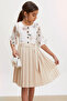 Beige Rose Patterned Short Sleeve Bag Girl's Pleated Dress 18193