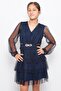 Stone Accessory Detailed Tulle Children's Evening Dress Navy Blue Tbs358 - 3