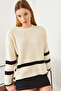 Women's Ecru Black Crew Neck Knitwear Sweater with Buttons on the Sides 20247529 - 3