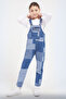Blue Square Patterned Girl's Jean Salopet Jumpsuit 17612 - 5