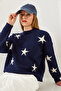 Women's Navy Blue Crew Neck Star Patterned Knitwear Sweater 20247536 - 2