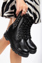Women's Black Buckle Detailed Thick Heeled Zippered Lace up Boots - 2