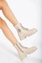 Women's Beige Buckle Detailed Thick Heeled Zippered Lace-Up Boots - 4