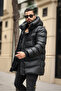 Men's Winter Leather Coat with Hooded Side Zipper Detail - 3