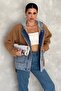 Women's Tan Snap Button Jeans Garnished Hooded Plush Jacket - 5