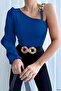 Cobalt Blue Single Sleeve Chain Detail Crepe Fabric Blouse - 4