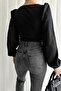 Black Front Drape Detail Crepe Fabric Long Sleeve Blouse - 2
