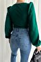 Emerald Green Front Drape Detail Crepe Fabric Long Sleeve Blouse - 2