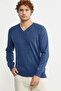 Suede Garnished Hair Braided Knitwear Sweater - Indigo - 3