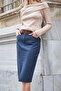 Leather Belted High Waist Pocketed Front Slit Knee-Length Thick Fabric Pencil Skirt (Belt Included)-Navy Blue J - 4