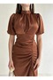 Brown Satin Short Sleeve Slit Draped Dress - 2