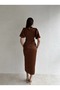 Brown Satin Short Sleeve Slit Draped Dress - 3