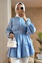 Baby Blue Women's Hijab Tunic Shirt - Belt Detailed - 2