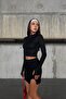Black Diver Fabric Finger-Through Long Sleeve Shaping / Sculpting Slim Fit Crop Body Blouse - 4