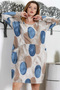 Italian Beige-Blue Round Neck Long Sleeve Pocketed Allover Printed 2 Yarns Without Shading Casual Knitted Dress