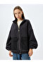 Plush Oversize Sweatshirt with Stand Collar Zippered Pocket Detail - 3
