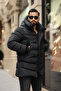 Men's Winter Long Coat with Hooded Side Zipper Detail - 6