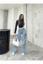 Women's Light Blue High Waist Multi-Pocket Wide Leg Cargo Pants - 9