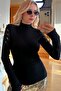 Long Sleeve Turtleneck Women's Plus Size Crystal Jewelled Lycra Stylish Comfortable Design Black Blouse - 8