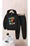 Children's Have a Dream Writing Printed Bottom Top Tracksuit Set Black - 3