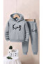 Children's King Yazısı Printed Bottom Top Tracksuit Set Gray