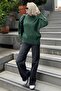سترة تريكو نسائية ذات ملمس ناعم من Green Crew Neck قصة فضفاضة - 2