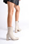 Women's Beige Blunt Toe Heeled Boots - 4