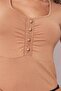 Lycra Viscose Pentagonal Collar Gathered Lace Front Butterfly Sleeve Body Blouse-Dark Beige - 6