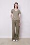 Women's V-Neck Short Sleeve Lycra Span Fabric Stylish T-Shirt Blouse-Khaki