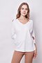Women's V-Neck Off-The-Shoulder Capri Three-Quarter Sleeve Lightweight Lycra Fabric Blouse-White - 4