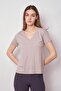 Women's V-Neck Short Sleeve Lycra Fabric Stylish T-shirt Blouse-Grey - 2
