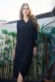 Women's Lycra Crepe Fabric Double Breasted Capri Three Quarter Sleeve Below the Knee Dress-Black