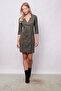 Women's Velvet Lycra Soft Textured Double Breasted Capri Three Quarter Sleeve Slit Office Jacket Dress-Khaki - 4