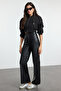 Siyah Relaxed/Rahat Straight/Boru Paça Dikiş Detaylı Örme Deri Pantolon TWOAW25PL00068