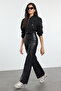 Siyah Relaxed/Rahat Straight/Boru Paça Dikiş Detaylı Örme Deri Pantolon TWOAW25PL00068 - 2