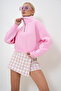 Women's Pink Half Zipper Three Thread Raised Crop Sweatshirt Prm1051 - 4