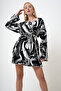 Women's Black Patterned Waist Belted Oversize Knitwear Cardigan Prm1073 - 2