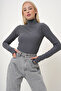 Women's Anthracite Body-Sitting Half Turtleneck Finger Detailed Blouse Prm1059 - 2