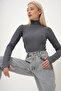 Women's Anthracite Body-Sitting Half Turtleneck Finger Detailed Blouse Prm1059 - 3