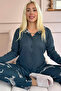 Petrol Zebra Patterned Thermal Front Buttoned Women's Pajamas Set